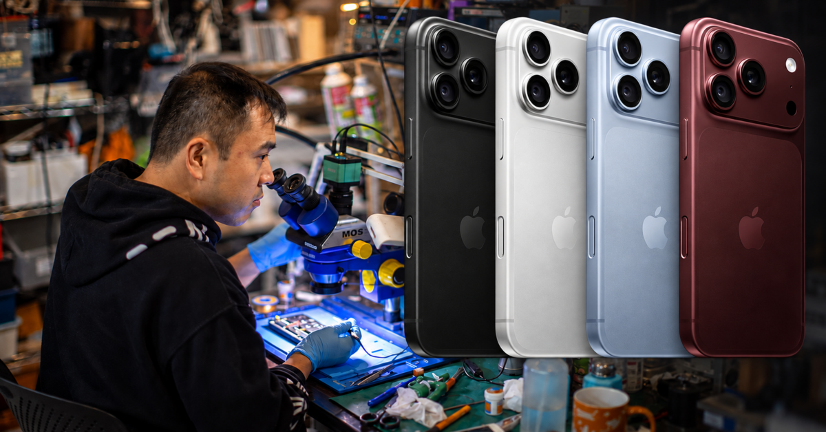 iPhone 18 Proシリーズと顕微鏡を使ったスマートフォン修理作業