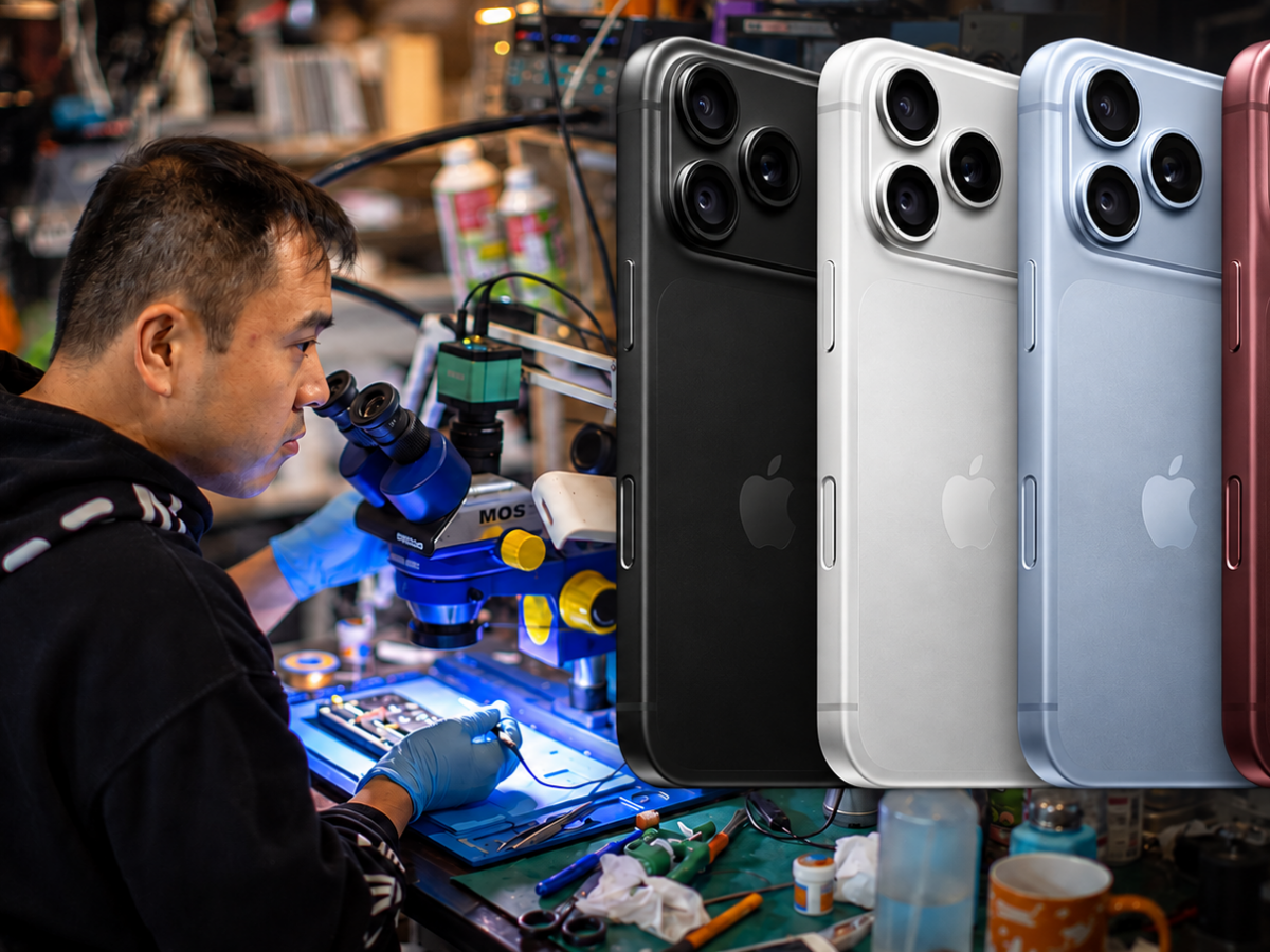 iPhone 18 Proシリーズと顕微鏡を使ったスマートフォン修理作業