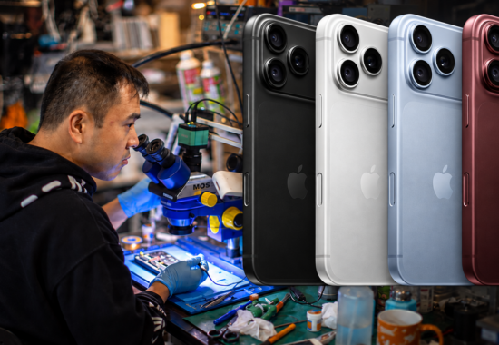 iPhone 18 Proシリーズと顕微鏡を使ったスマートフォン修理作業